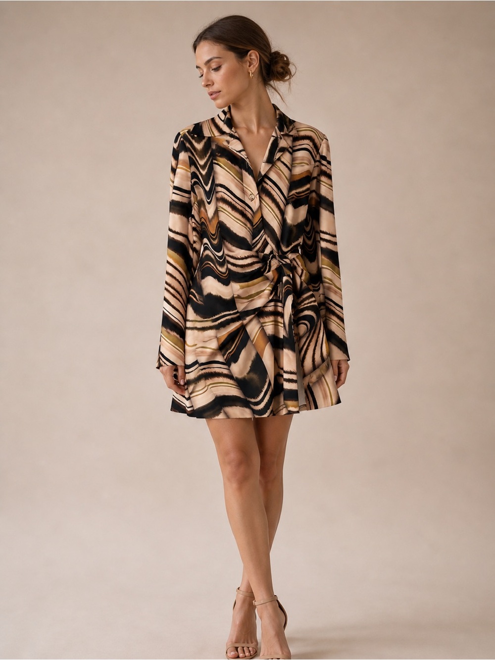 Zara Multicolor Black & Brown Swirl Faux-Wrap Abstract Mini Dress Size Medium